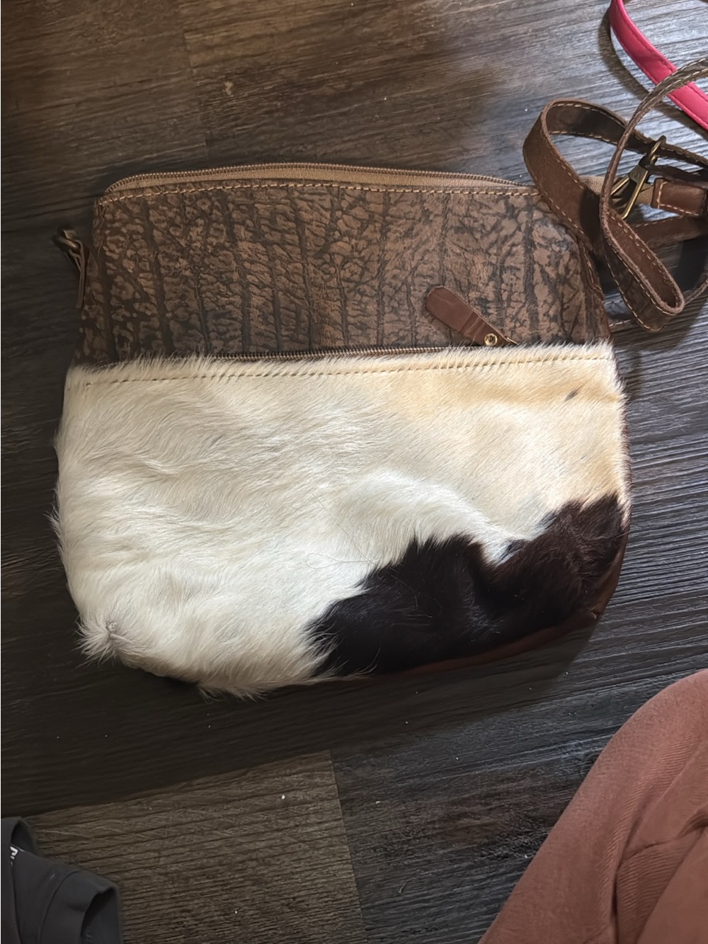 Myra Bag Brown and White Cowhide Crossbody with Leather Trim